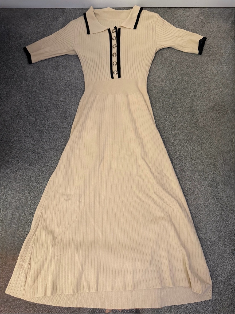 SHEIN Cream Ribbed Polo Midi Dress with Black Trim